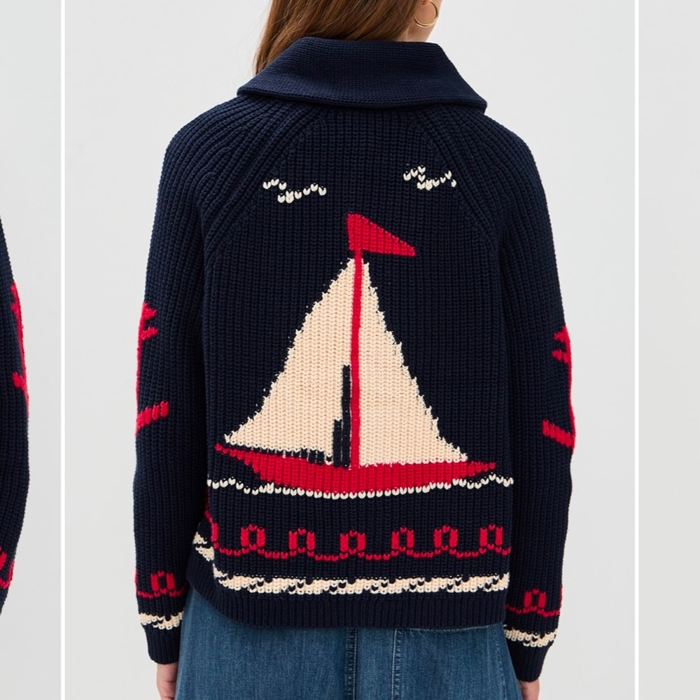 The Great Navy Sailboat Lodge Cardigan Size 3 = Large  Nautical Sweater - Picture 8 of 15